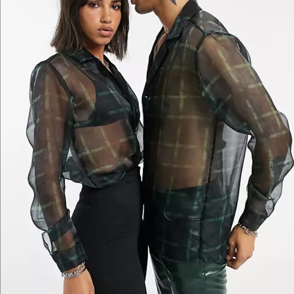 Reclaimed Vintage Sheer Plaid Button Down Shirt S